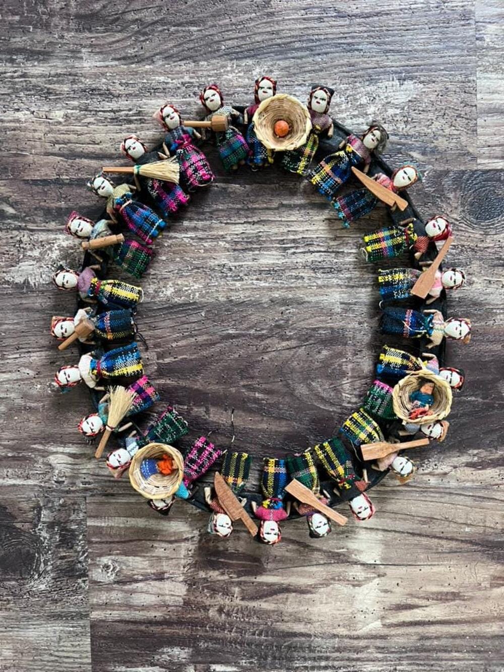Vintage Guatemalan Worry Doll Wreath | Handmade Folk Art Wall Hanging